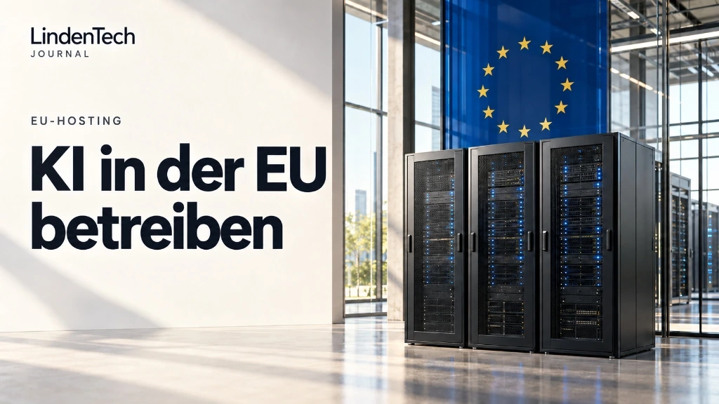 Обложка LindenTech Journal с немецким заголовком «KI in der EU betreiben» («ИИ в ЕС»): чёрные серверные стойки на фоне флага ЕС в светлом здании со стеклянным фасадом.