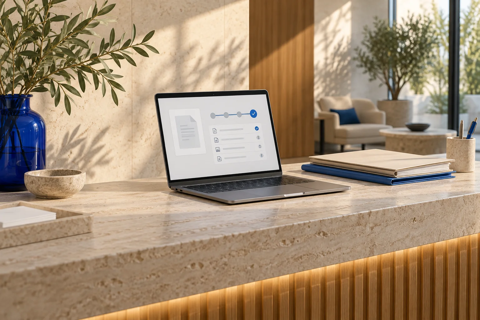 Redaktionelle Illustration: Laptop mit einer beispielhaften Dokumentenliste und Bearbeitungsschritten einer Anfrage.