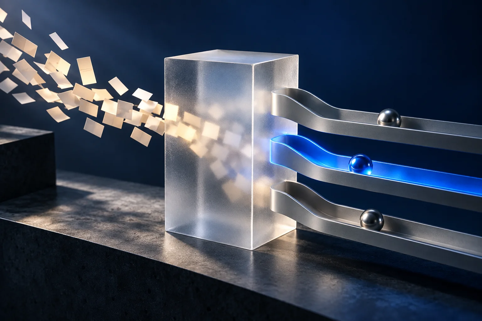 Conceptual illustration of cards passing through a glass block into three decision channels.