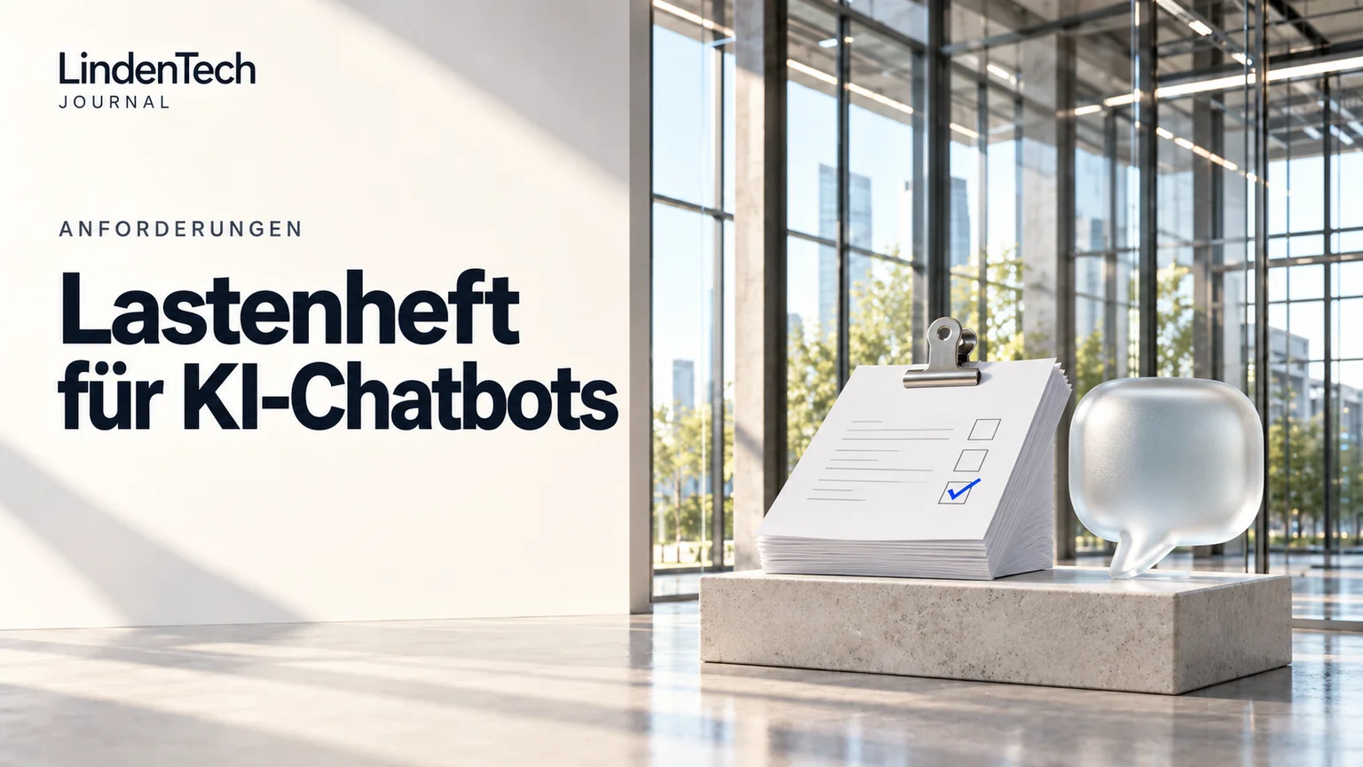 LindenTech Journal cover with the German title “Lastenheft für KI-Chatbots” (Requirements document for AI chatbots): a clipped stack of paper with one box ticked in blue next to a frosted-glass speech bubble in a bright, glass-fronted building.