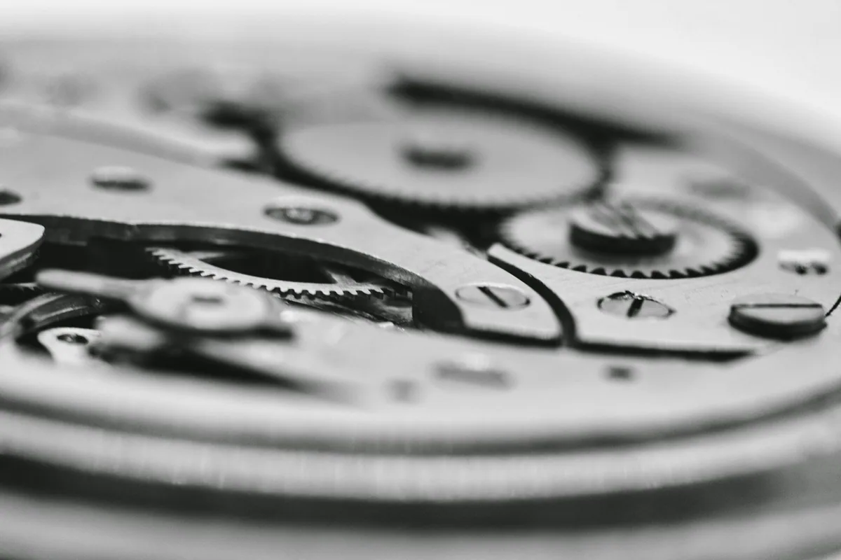 Black-and-white macro photograph of gears in a watch movement.