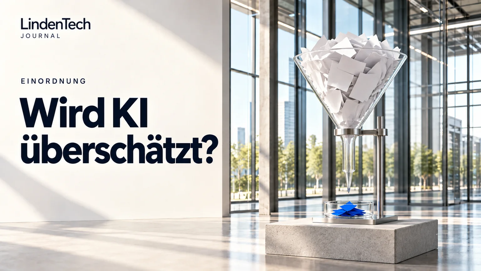 Titelbild des LindenTech Journal mit der Aufschrift „Wird KI überschätzt?“: ein hoher Glastrichter voller weißer Papierzettel, von denen nur wenige kobaltblaue in einer Glasschale darunter ankommen, in einem hellen Gebäude mit Glasfassade.